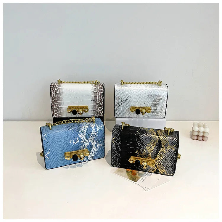 Female Snake Pattern Messenger Bag Skull Knucklebox Lock Flap Handbag Purse