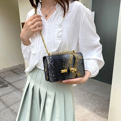 Female Snake Pattern Messenger Bag Skull Knucklebox Lock Flap Handbag Purse