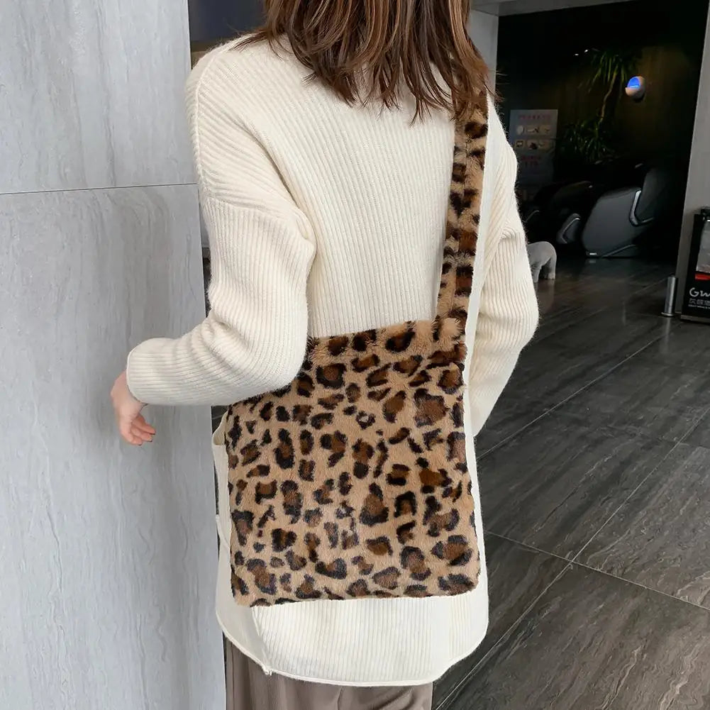 Leopard Plush Shoulder Bags for Women's Vintage Handbags