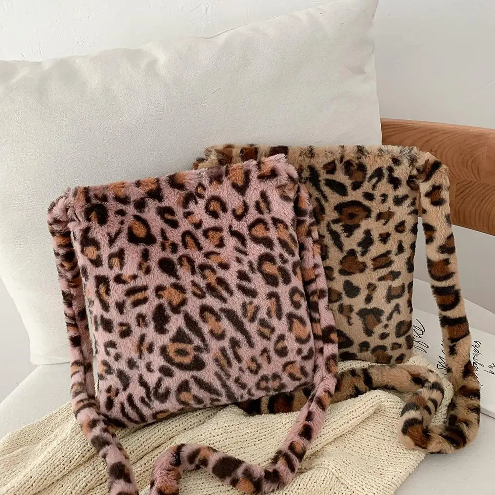 Leopard Plush Shoulder Bags for Women's Vintage Handbags