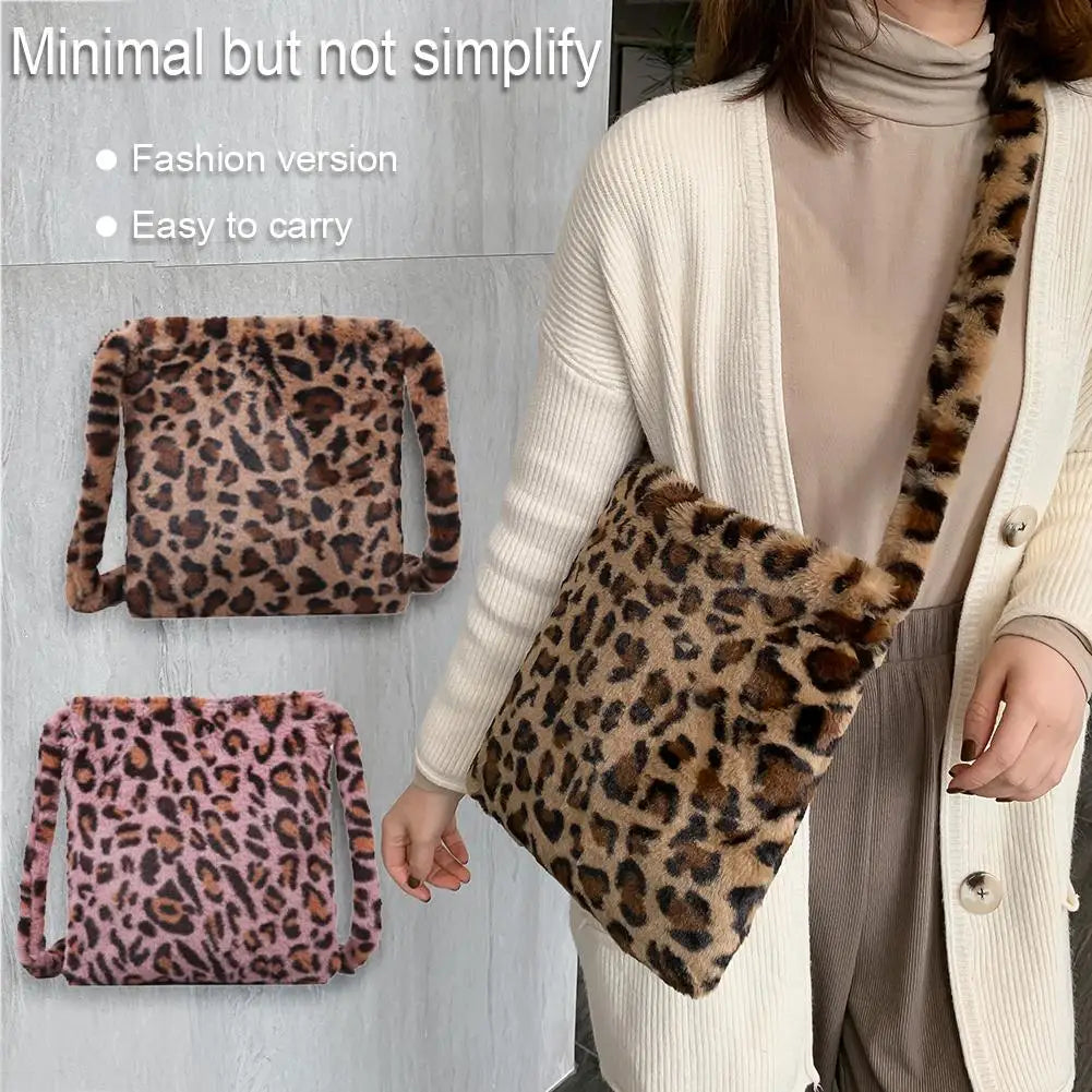 Leopard Plush Shoulder Bags for Women's Vintage Handbags