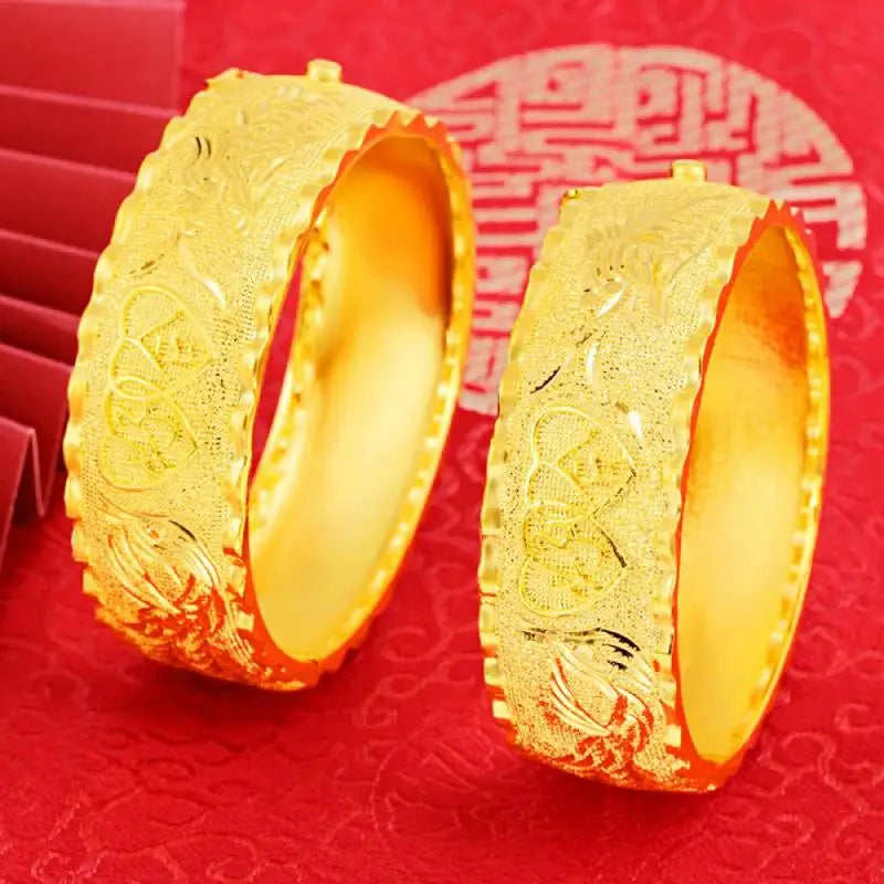 24k Pure Gold Dragon and Phoenix Bridal Bracelet for Women