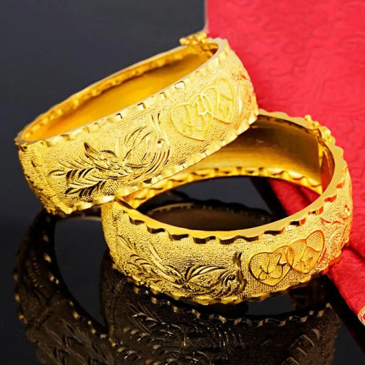 24k Pure Gold Dragon and Phoenix Bridal Bracelet for Women