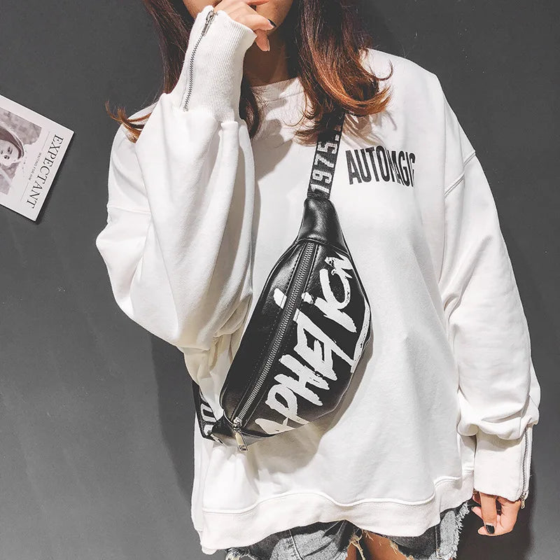 Graffiti Leather Waist Bag Large Capacity Fanny Pack for Women