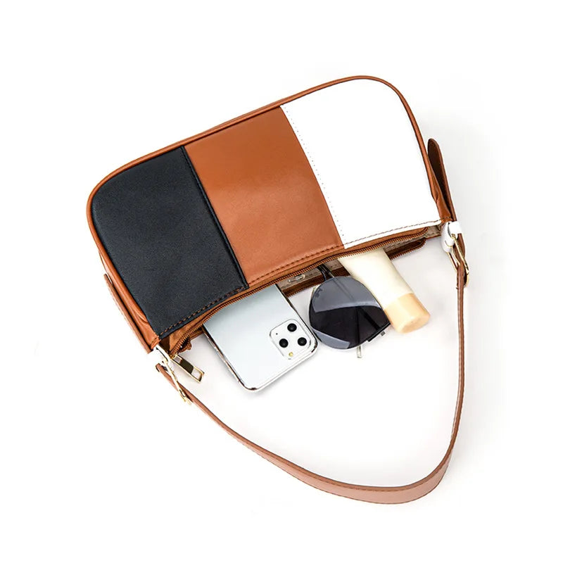 Half Moon Armpit Bags Splicing PU Leather Totes for Girl Bolso