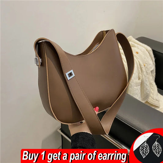 Half-Moon Shoulder Bag Women PU Leather Underarm Bag Vintage Solid Armpit Should