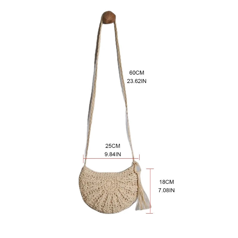 Half Round Straw Bag Women Summer Beach Rattan Crossbody Handbag