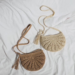 Half Round Straw Bag Women Summer Beach Rattan Crossbody Handbag