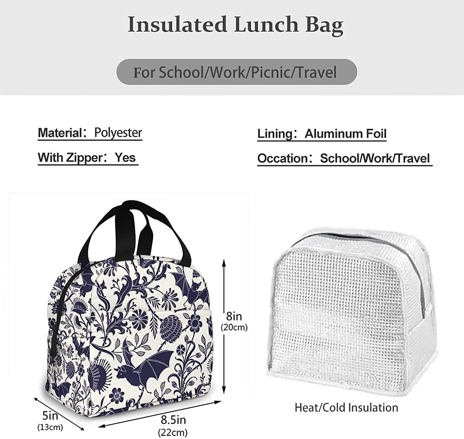 Halloween Bat Flower Insulated Lunch Bag Tote Cooler for Women