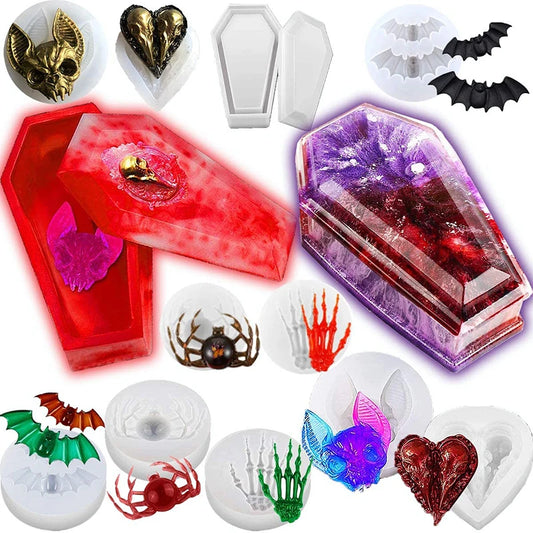 Halloween Silicone Epoxy Resin Molds Skull Hands Coffin Box Spider Jewelry Decor