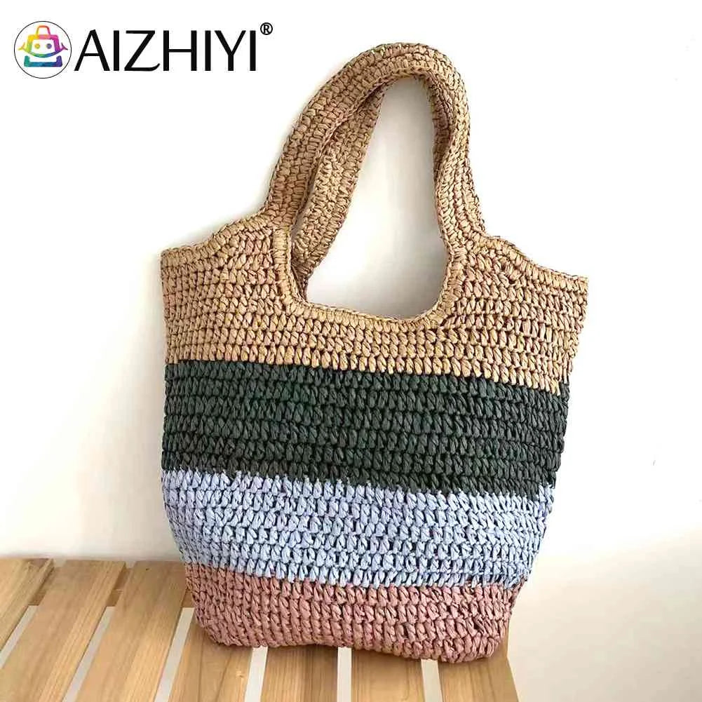 Hand-Woven Beach Vacation Bags Casual Large Capacity Striped Contrast