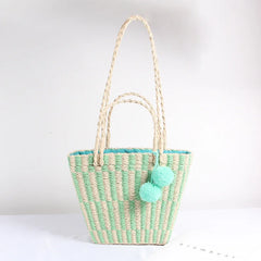 Hand-woven Wool Ball Straw Bag Beach Tote Shoulder Bag