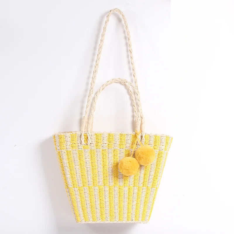 Hand-woven Wool Ball Straw Bag Beach Tote Shoulder Bag