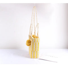 Hand-woven Wool Ball Straw Bag Beach Tote Shoulder Bag