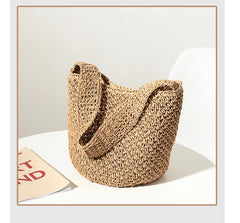 Hand-Woven Straw Bucket Bag Seaside Beach Vacation