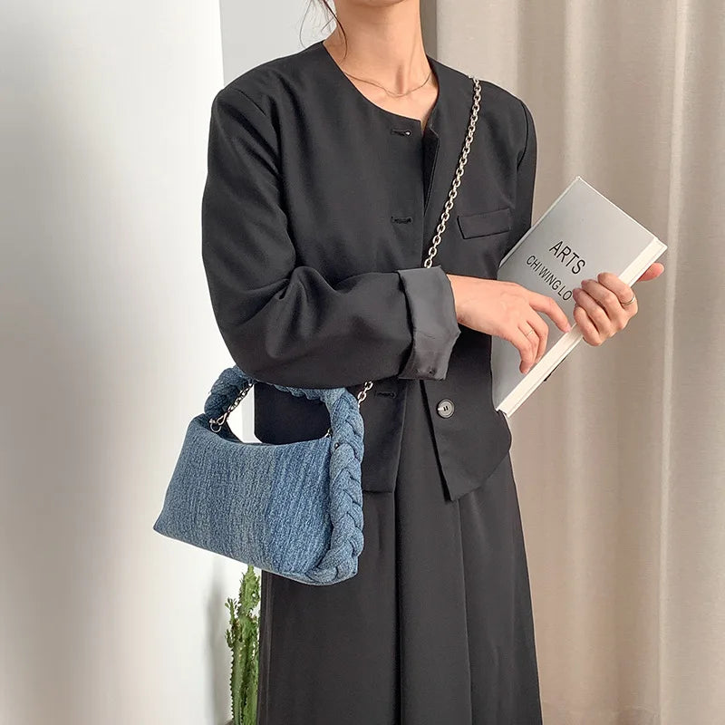 Vintage Denim Chain Messenger Tote Bag for Women