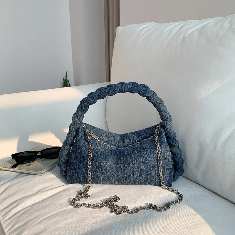 Vintage Denim Chain Messenger Tote Bag for Women