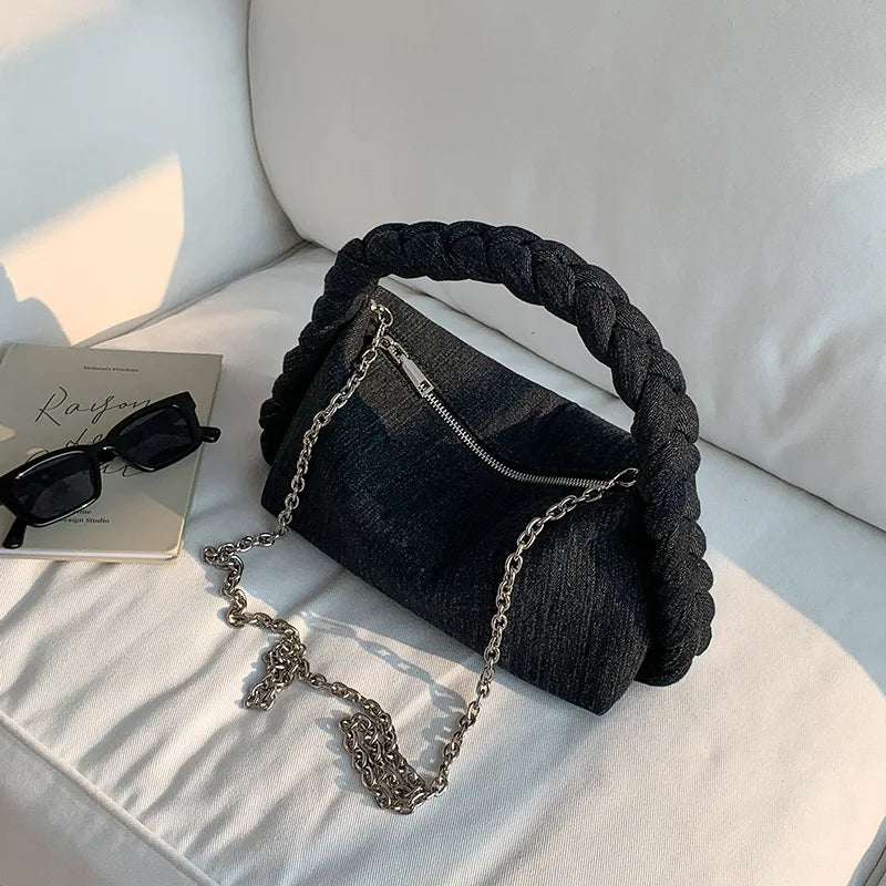 Vintage Denim Chain Messenger Tote Bag for Women