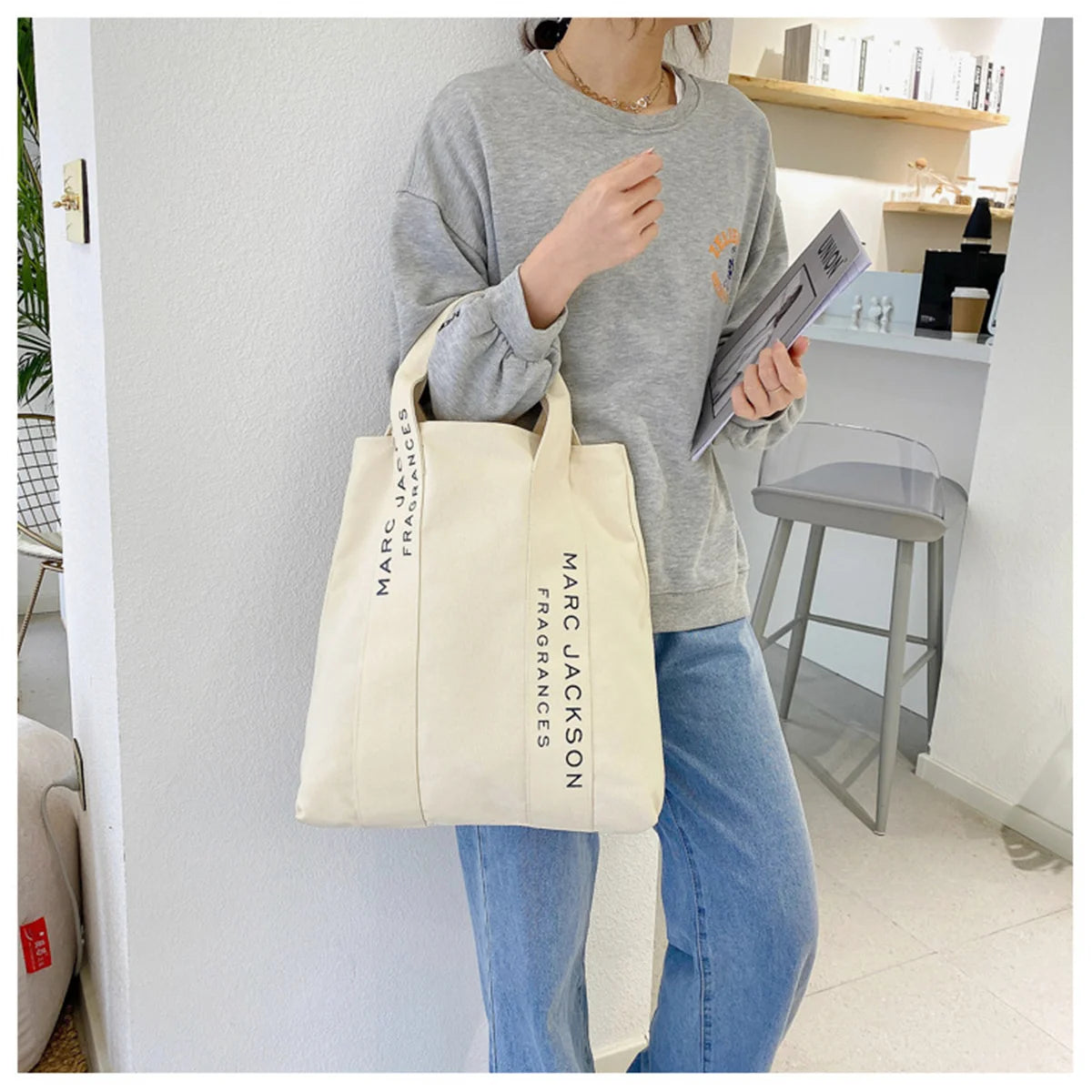 Canvas Shoulder Tote Bag Minimalist Style Large Women Reusable Purse