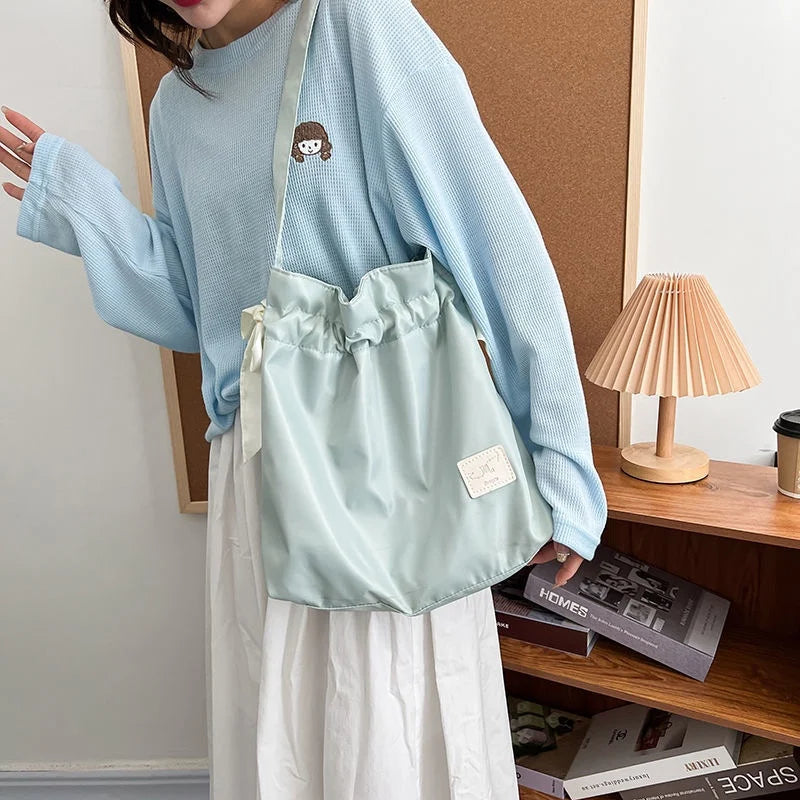 Drawstring Shoulder Bag Large Capacity Nylon Girl Shopping Tote Bag