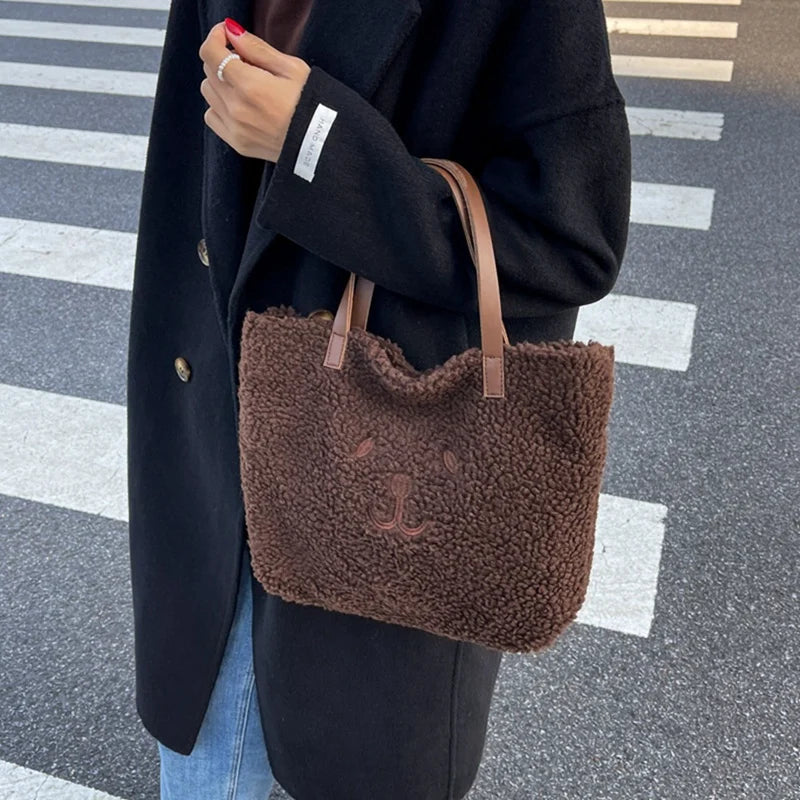 Cartoon Embroidered Cashmere Winter Plush Handbag