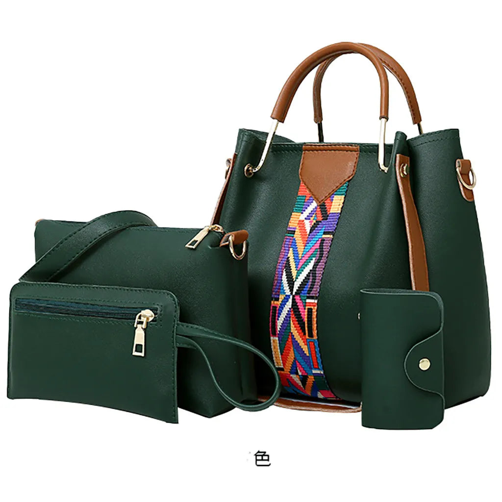 Women 4Pcs Retro Pattern Handbag Shoulder Bag+Card Package