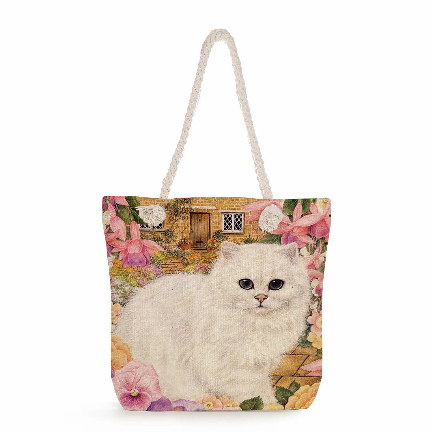 Floral Cat Printed Tote Bag Portable Shoulder Travel Casual Animal