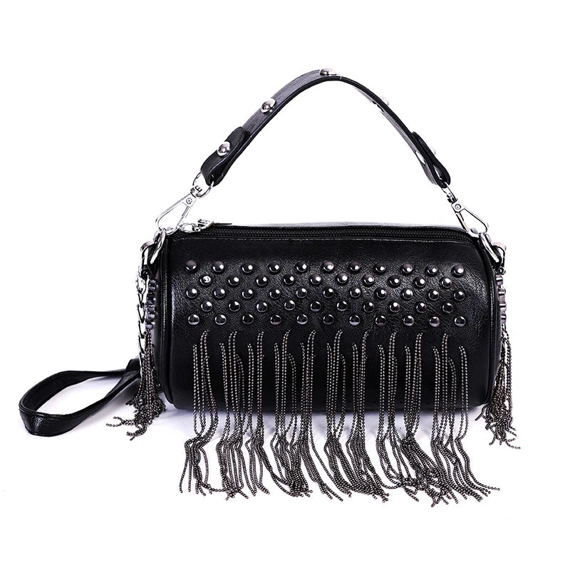 PU Leather Cylinder Rivet Tassel Shoulder Messenger Tote Bag
