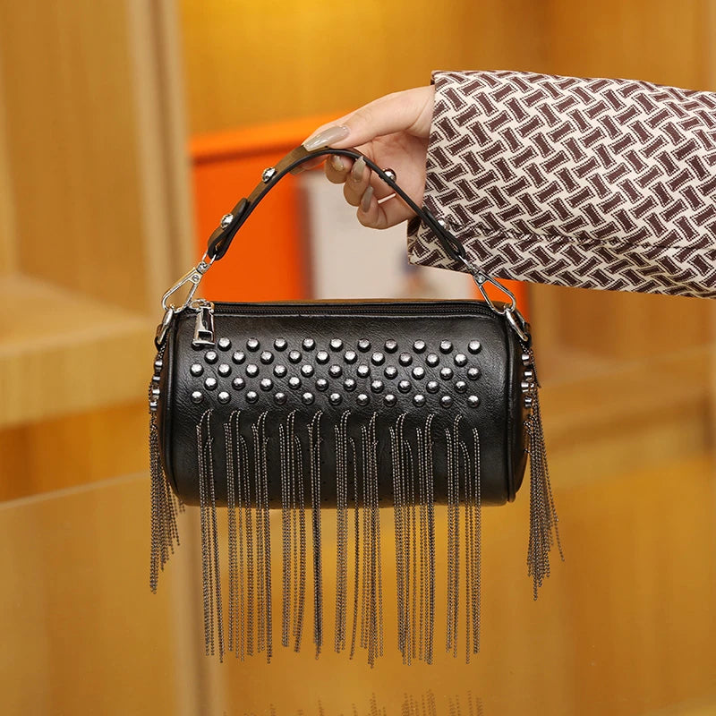 PU Leather Cylinder Rivet Tassel Shoulder Messenger Tote Bag