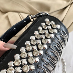PU Leather Cylinder Rivet Tassel Shoulder Messenger Tote Bag