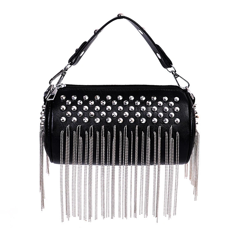 PU Leather Cylinder Rivet Tassel Shoulder Messenger Tote Bag