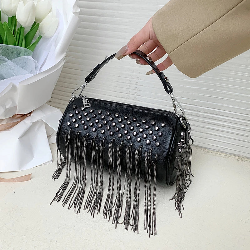 PU Leather Cylinder Rivet Tassel Shoulder Messenger Tote Bag