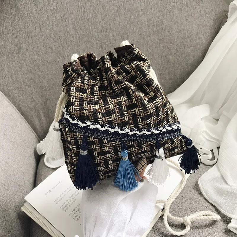 Chinese Style Messenger Shoulder Bag Costume Cloth Purse Tassel Bucket Bag