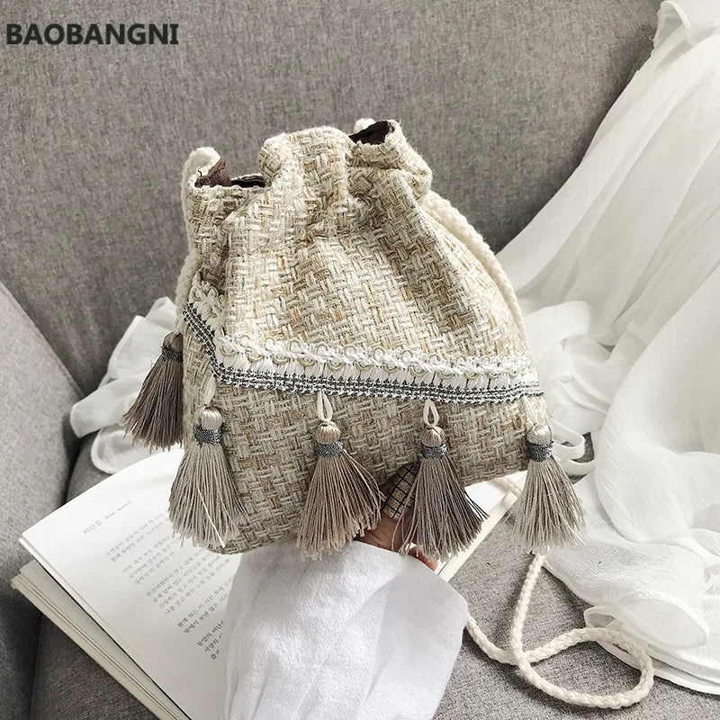 Chinese Style Messenger Shoulder Bag Costume Cloth Purse Tassel Bucket Bag