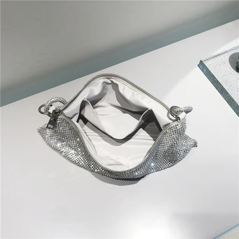 Silver Rhinestones Evening Clutch Bag Crystal Dinner Party Wedding Purses Handba