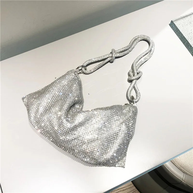 Silver Rhinestones Evening Clutch Bag Crystal Dinner Party Wedding Purses Handba