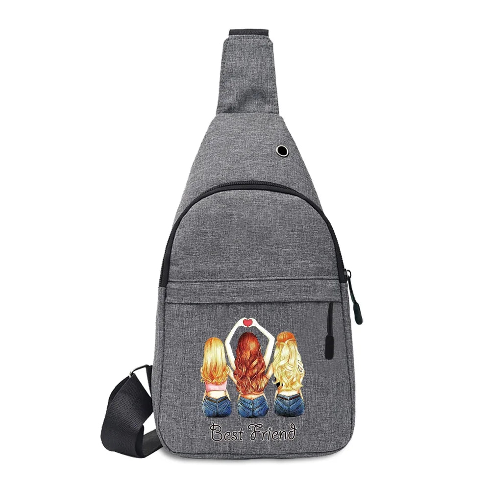 Men Shoulder Chest Bag USB Hole Printing Chest Messenger Bag