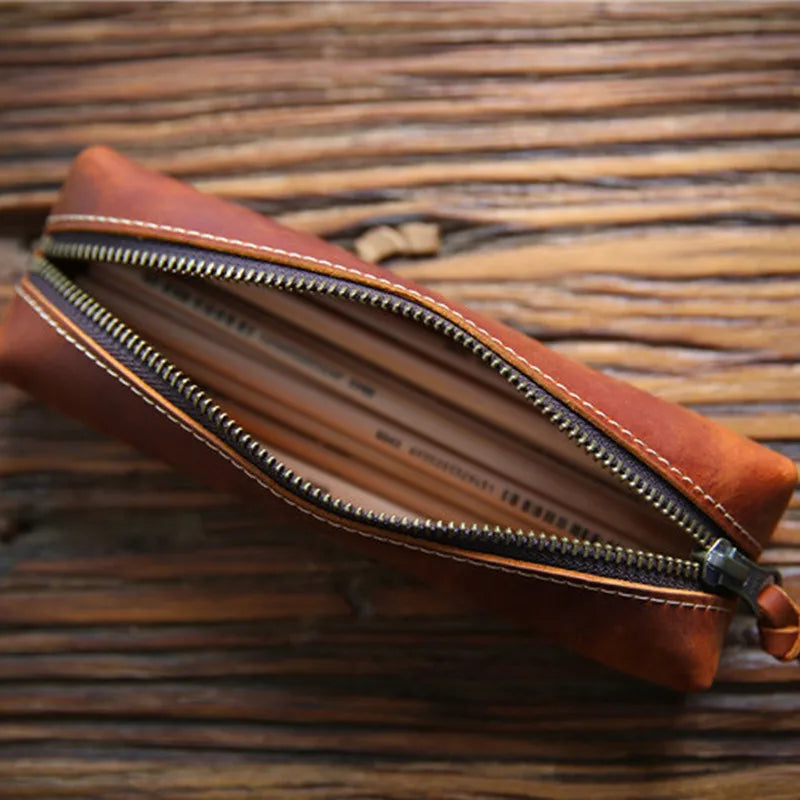 Crazy Horse Leather Pencil Holder Case Vintage Style Accessories