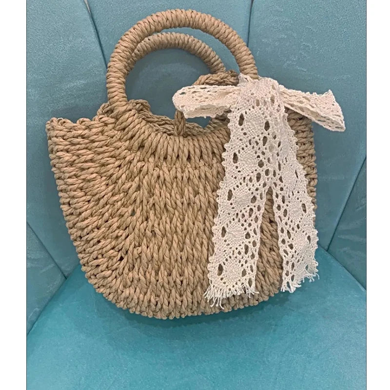 Half-Round Rattan Woven Straw Bag Women Messenger Crossbody Small Beach Handbag
