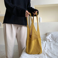 Yellow Retro Crochet Handbag Knit Hollow Out Vest Shape Top-handle Tote Bag