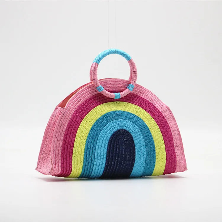 Rainbow Straw-weaving Shoulder Bag Women's Summer Beach Travel Casual Bag