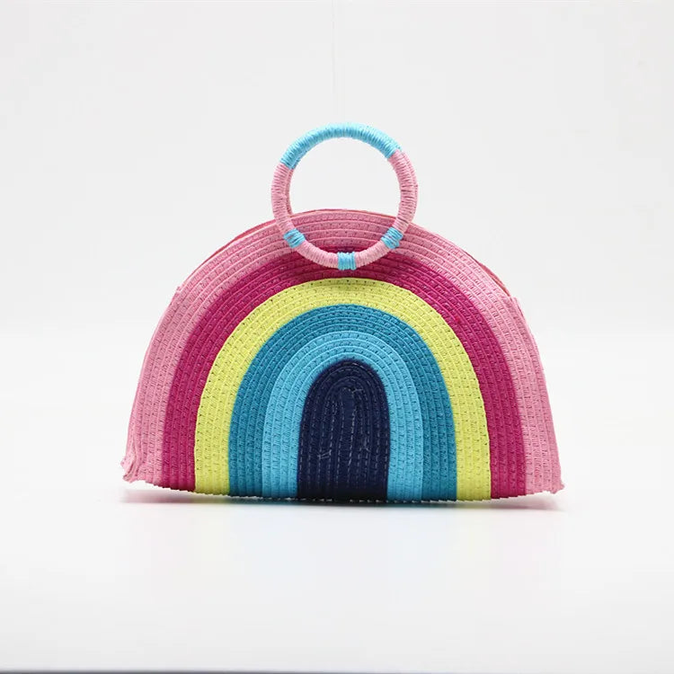 Rainbow Straw-weaving Shoulder Bag Women's Summer Beach Travel Casual Bag