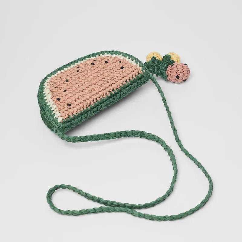 Girls Watermelon Shape Mini Straw Weaving Waist Belt Bag