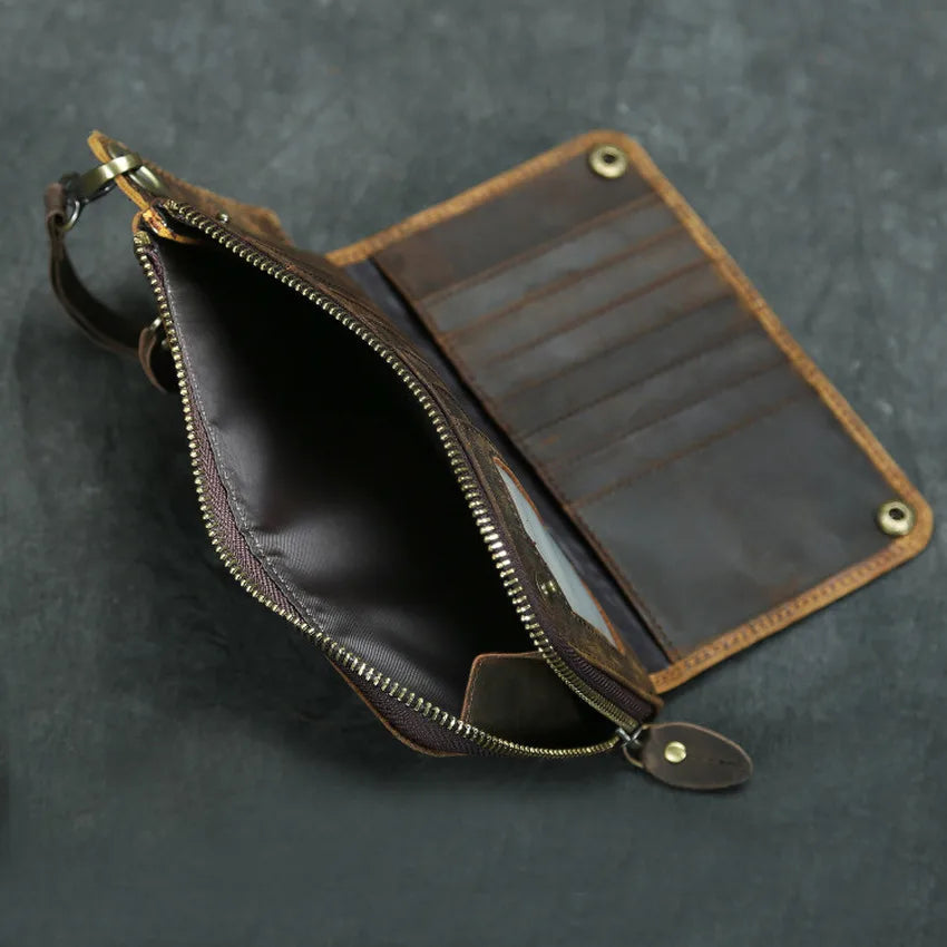 Vintage Crazy Horse Leather Wallets Men Engrave Long Wallet
