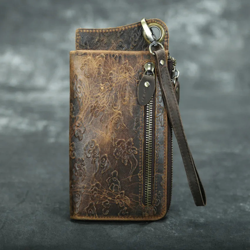 Vintage Crazy Horse Leather Wallets Men Engrave Long Wallet