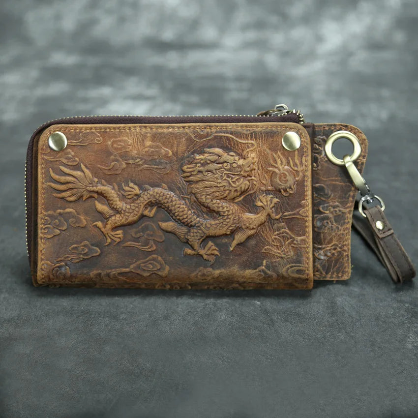 Vintage Crazy Horse Leather Wallets Men Engrave Long Wallet