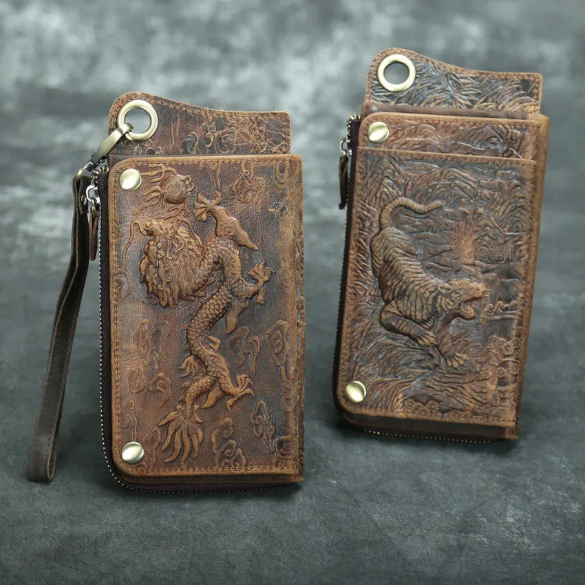 Vintage Crazy Horse Leather Wallets Men Engrave Long Wallet