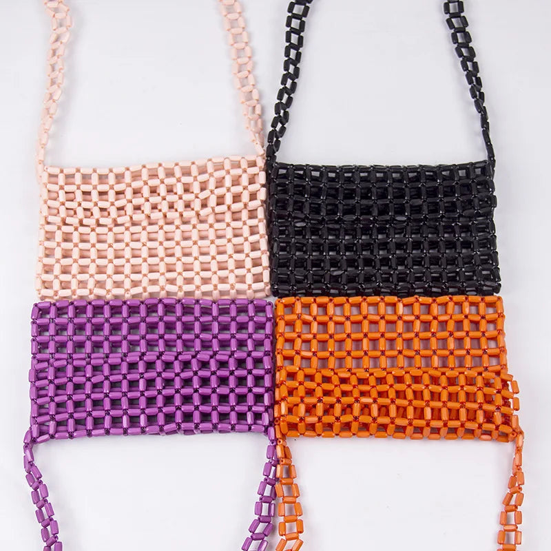 Acrylic Bead Mini Flap Phone Bag Multicolor Woven Beading Small Purse