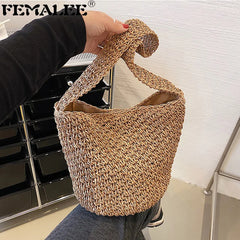 Straw Shoulder Bags Large Capacity Female Bucket Beach Handbags