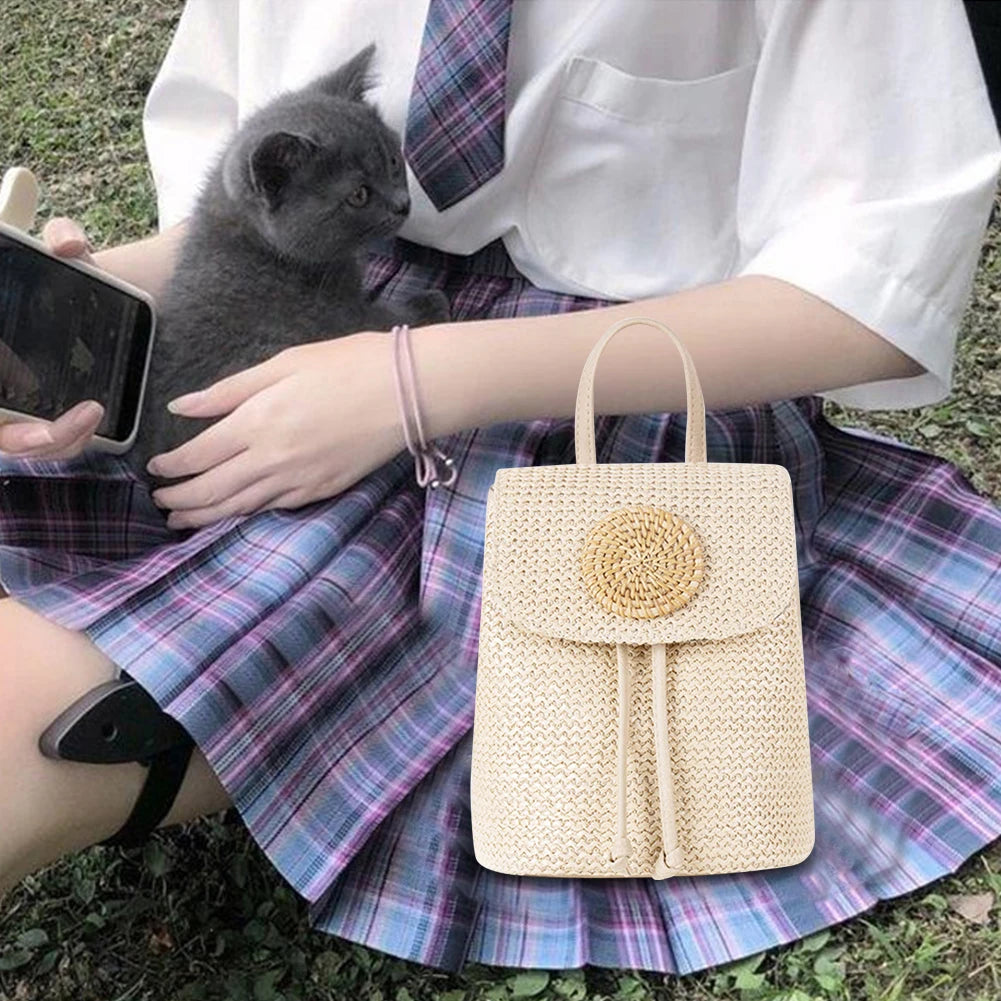 Straw Backpack Summer Beach Rattan School Bag for Women